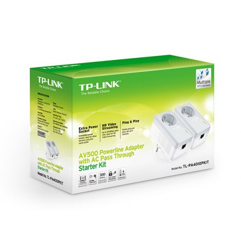 TP-LINK | Passthrough Powerline 600 Starter Kit | TL-PA4010P KIT | 10/100 Mbit/s | Ethernet LAN (RJ-45) ports 1 | Data transfer - 2